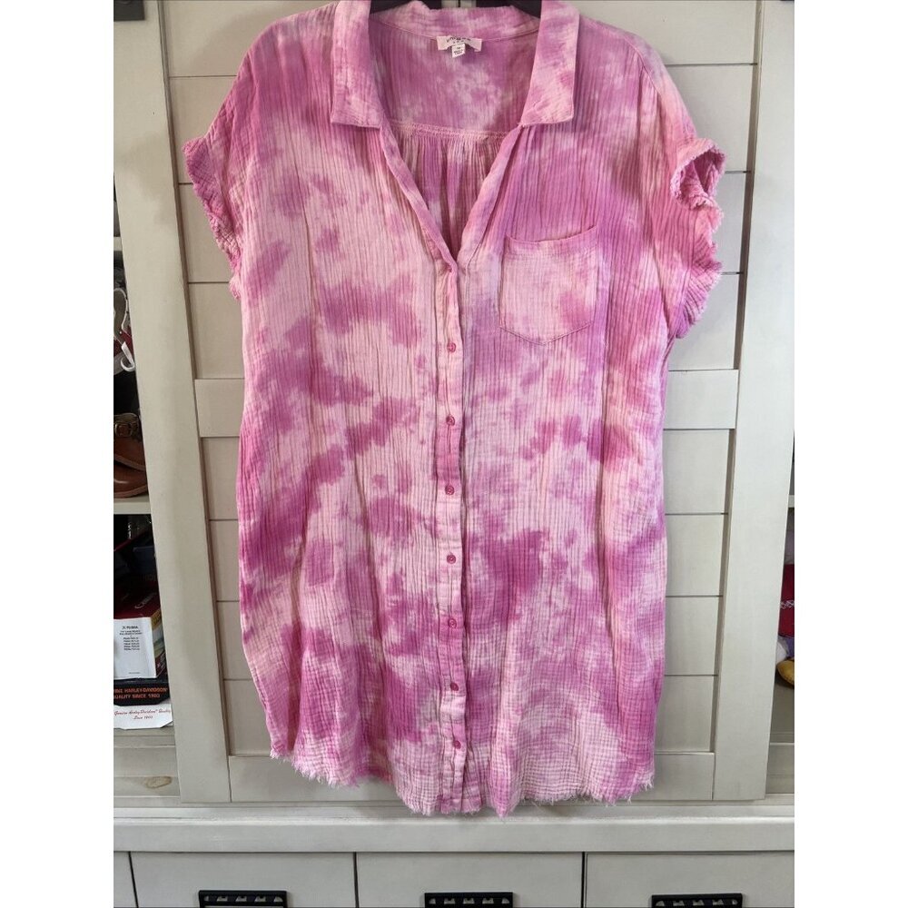 Umgee Pink Wash Button Down Tunic Size Medium Tie Dye Women’s Top